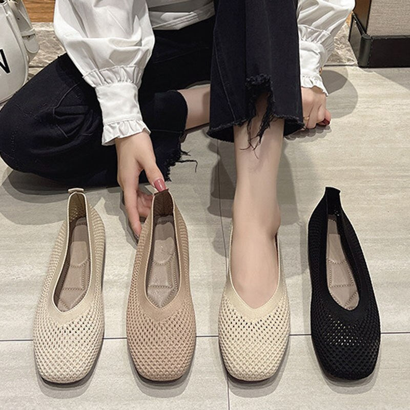 Ddbos Knit Mesh Flat Shoes Women Summer Breathable Stretch Ballet Flats Moccasins Square Toe Loafers Slip on Dress Shoes Sneaker