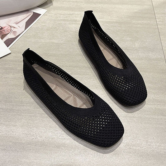 Knit Mesh Flat Shoes Women Summer Breathable Stretch Ballet Flats Moccasins Square Toe Loafers Slip on Dress Shoes Sneaker