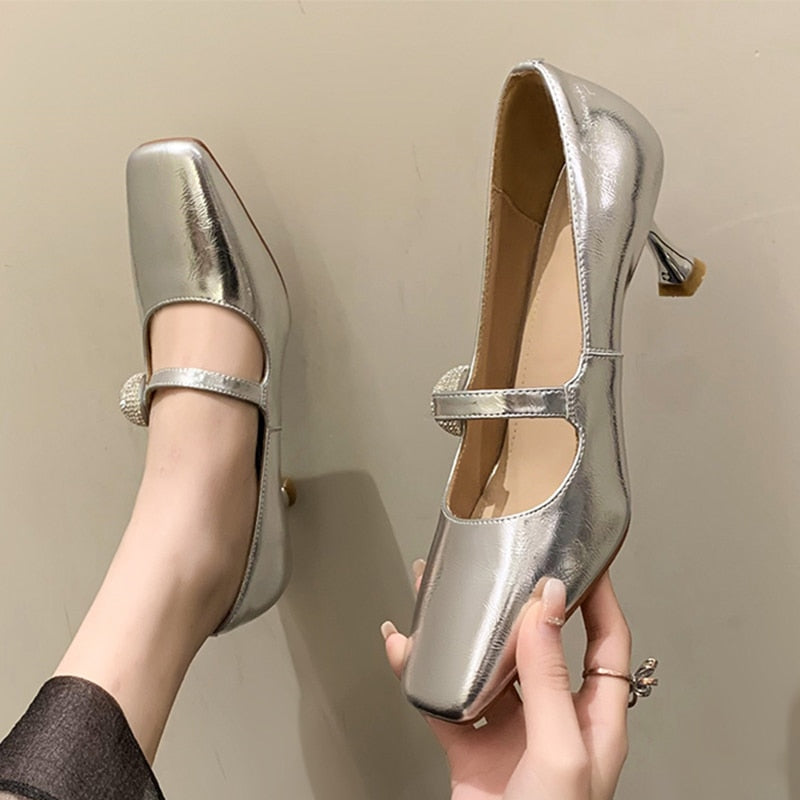 Ddbos Silver Thin Heels Mary Jane Shoes for Women Summer Crystal Square Toe Pumps Woman Shallow Mouth Patent Leather Single Shoes