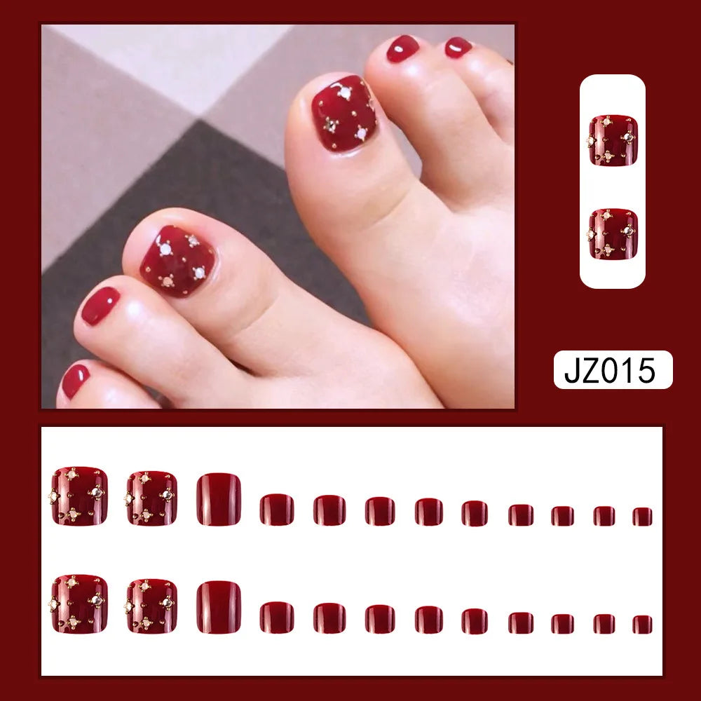 Ddbos Summer Toe Patch Fake Nail Wine Red Diamond Wearing Nail Patch Toe Nail Whitening Nail Patch Wholesale Nails