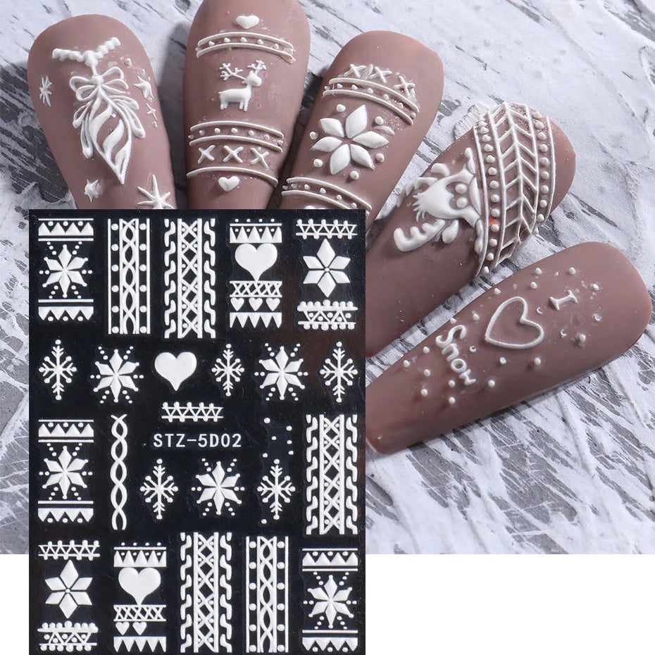 5D Snowflake Embossed Nail Sticker White Elk Tree Carved Santa Claus Christmas Nail Glitter Slider 2023 Winter Nail Accessories