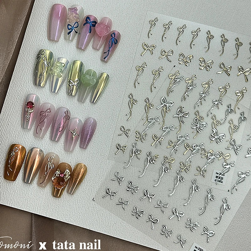 5D Relief Stamp Gold Silver Laser Pink Lovely Playful Bowknot Ribbon Adhesive Nail Art Stickers Decals Manicure Ornaments