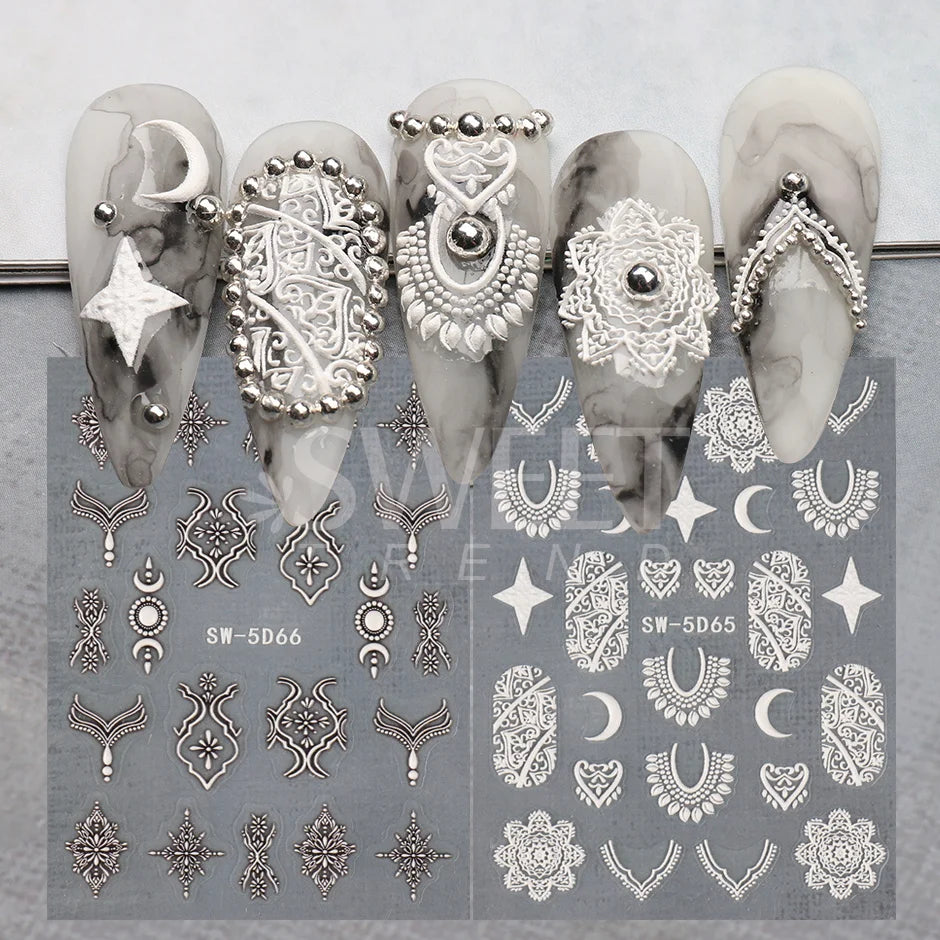 Ddbos 5D Embossed Filigree Stickers Nail Design Brown White Lace Necklace Adhesive Nail Decals Star Moon Carved Decor Sliders SASW-5D