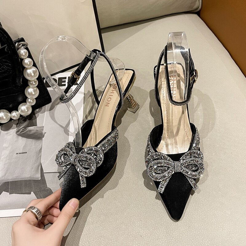 Ddbos Shiny Crystal Bowtie Pumps Women Fashion Ankle Strap High Heels Party Shoes Woman Summer Pointed Toe Sandals Mujer