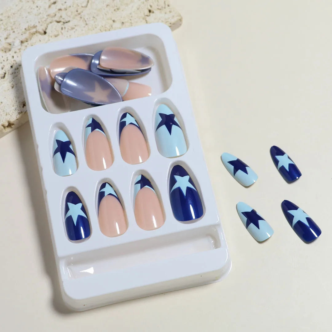 Ddbos 24PCS Stars Y2k Nail Stickers Blue French Fake Nails Press On Long Almond Shape Designs False Nails Finished Manicure Nail Tips