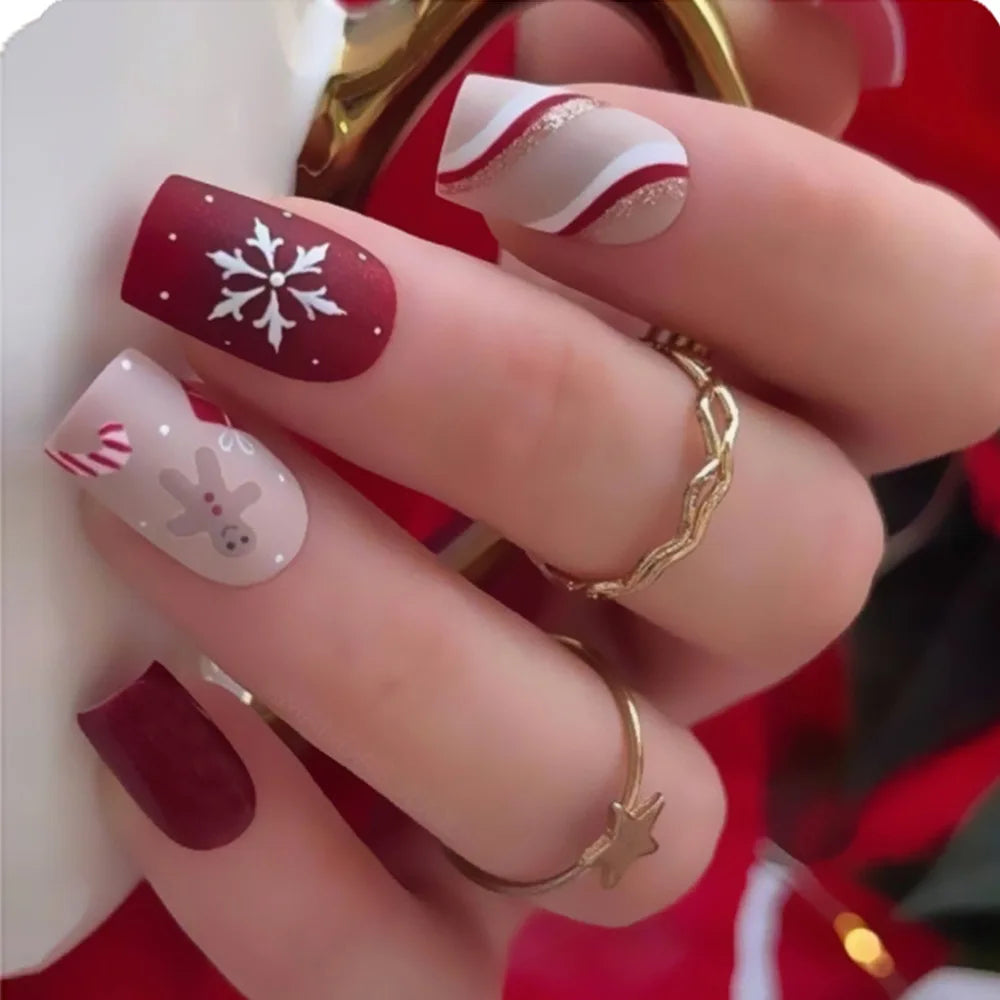 Ddbos New Christmas Fake Nails Cute Elk Snowflake Pattern Red Color Press on Nails Artificial Nails Tip Christmas Gifts for Girls