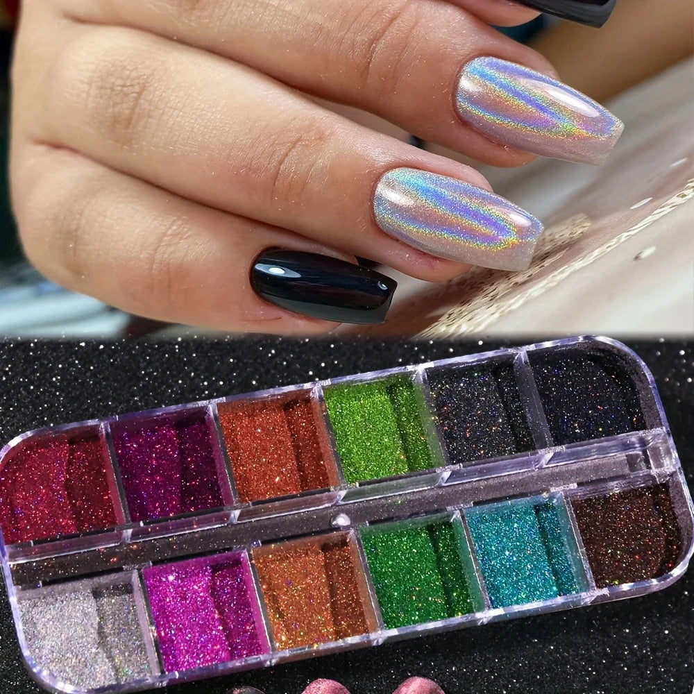 Holographic Powder Set Holo Silver Rub Dust Black Pink Chrome Nail Glitter Powder Laser Pigment For Nail DIY Manicure