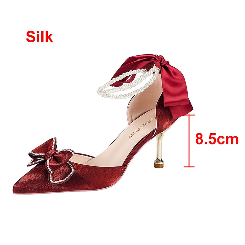 Ddbos Pearl Ankle Strap Pumps Women Luxury Bowknot Red Dance Shoes Woman Sexy Pointed Toe Velvet Stiletto High Heels Sapatos Femininos