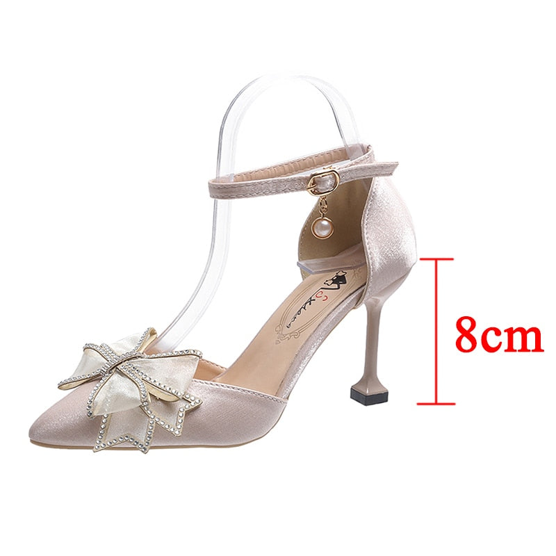 Ddbos Sexy Thin Heels Ankle Strap Pumps Women Lace Bowknot Wedding Party Shoes Woman Elegant Pointed Toe Silk High Heels Shoes