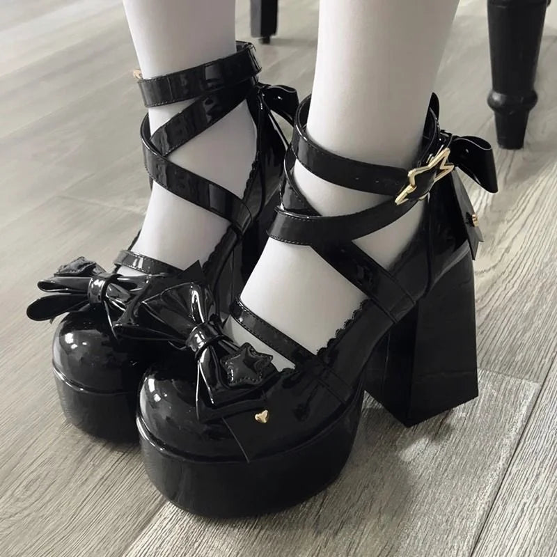 Ddbos Lolita Shoes Women Mary Janes High Heels Shoes Chunky Sandals Summer Fashion Retro Bow Party Platform Pumps