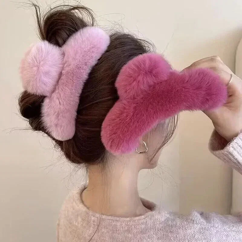 Ddbos Vintage Women Large Real Otter Rabbit Plush Hair Clip Korea Autumn and Winter Elegant Shark Claw Girl Sweet Hair Accessories