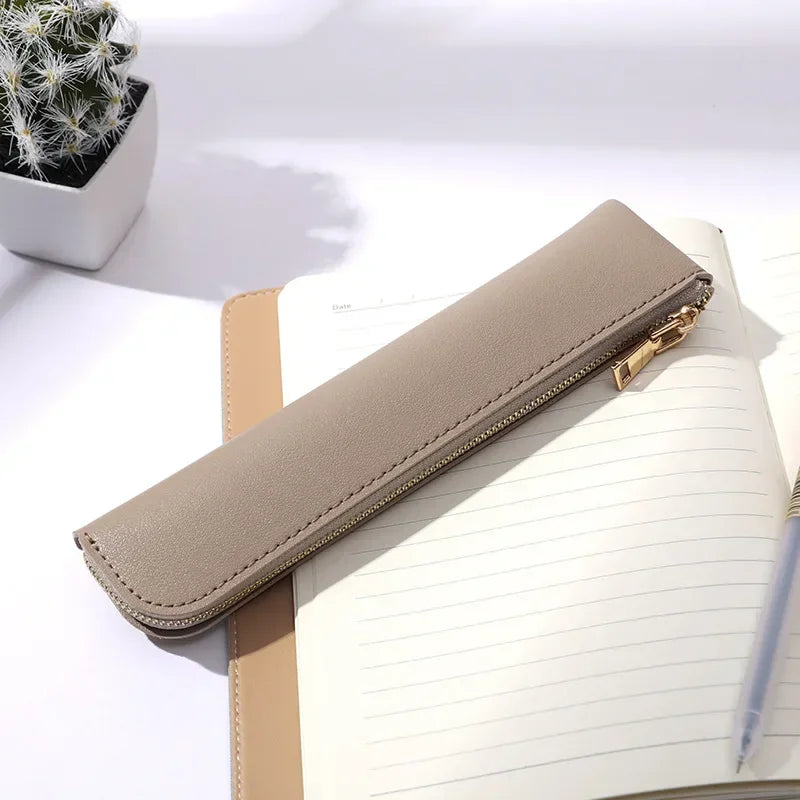 Ddbos Simple Pen Sleeve PU Leather Mini Small Pen Bag Zipper Pencil Pouch Stationery Fountain Pen Holder Case Student School Supplies