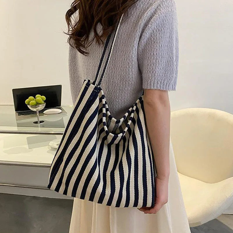 Ddbos BACK TO SCHOOL Korean Version Of Retro Literary Handbag Simple Fresh Striped Shoulder Bag Fashion Large Capacity Shopping Bag