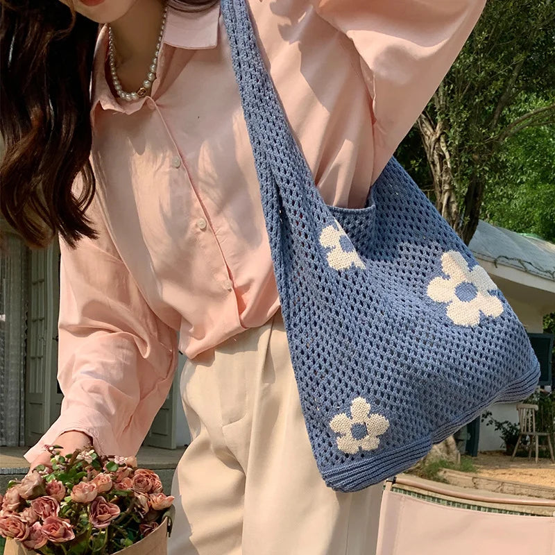 Ddbos Ins Fashion Sweet Flower Knitted Hollow Tote Bag Large Capacity Shopping Bag Ladies Simple Retro Shoulder Bag Handbag for Women