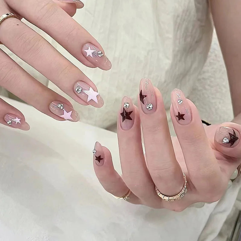 Ins y2k Fake Nails Almond Head Black Pentacle Star False Nail Patch Girl Women Wearable Full Cover Artificial Nail Patch 24pcs