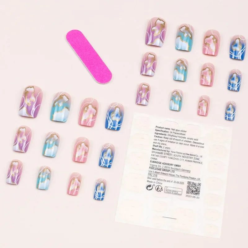 24Pcs Colourful Clouds False Nails Short Ballet Coffin with French Design Wearable Fake Nails Artificial Press on Nail Tips Art