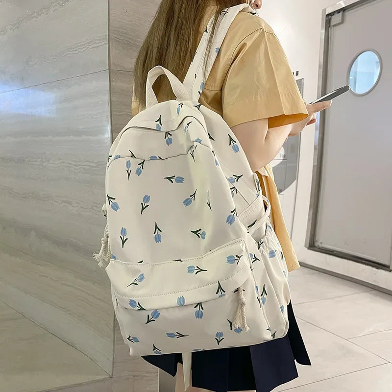 Ddbos BACK TO SCHOOL Japanese Style Fresh Floral Women's Middle School Bag Lightweight Nylon High School Big Student Bookbag Sweet Girlish Design