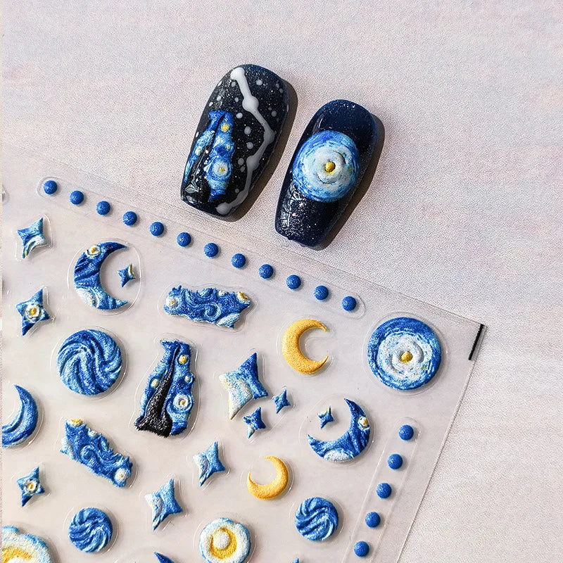 Ddbos 5D Realistic Relief Blue Yellow Starry Night Sky Moon Starlight Adheisve Nail Art Stickers Decals Manicure Ornaments Accessories