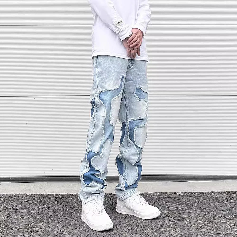 Ddbos Streetwear Swag Style Blue Frayed Jeans Pants for Men Retro Washed Ripped Casual Tapered Denim Trousers Slim Fit Y2k Jean Male