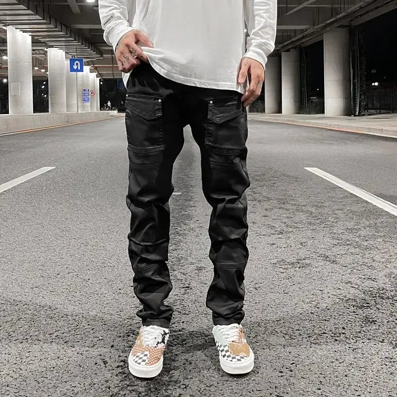 Ddbos Streetwear Kanye Slim Fit Feet Coated Black Jeans Pants for Men Pocket Brushed Wax Tapered Pants Man Casual Cargo Jeans Y2k