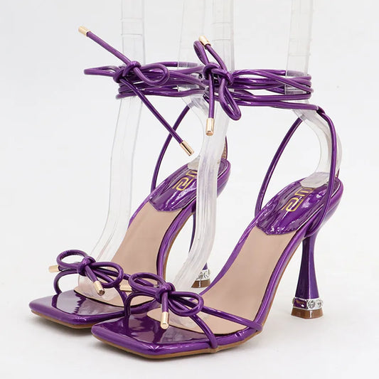  Sexy 9cm Strappy High Heels Women Summer Bow Tie Sandals Purple Stripper Heels Lace Up Gladiator Sandals Prom Shoes Plus Size 42