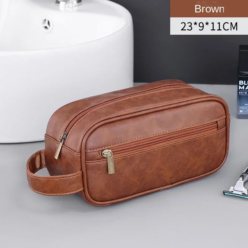 Ddbos Men Leather Wash Bag Travel Business Trips Portable Cosmetic Bag Large Capacity Multi Pocket Design Handheld Leather Wash Bag