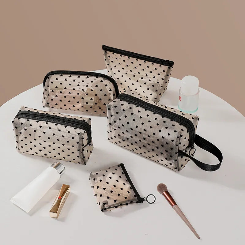 1pc Love Print Mesh Cosmetic Bag Portable Toiletry Organizer Makeup Bag Multifunction Transparent Women Lipstick Storage Pouch