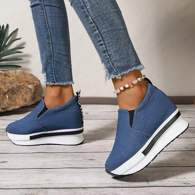 Ddbos Women's Denim Wedges Heel Fashion Round Toe Sneakers Ladies Daily Casual Shallow Mouth Non-Slip Walking Women's Vulcanised Shoes