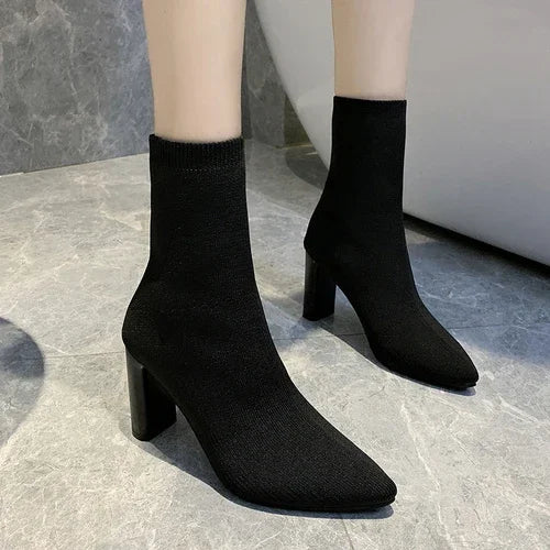 Ddbos Simple Fashion Stretch Socks Boots Women's High Heels Shoes Knit Socks Boots Skinny Women Pointed Autumn and Winter Bare Boots