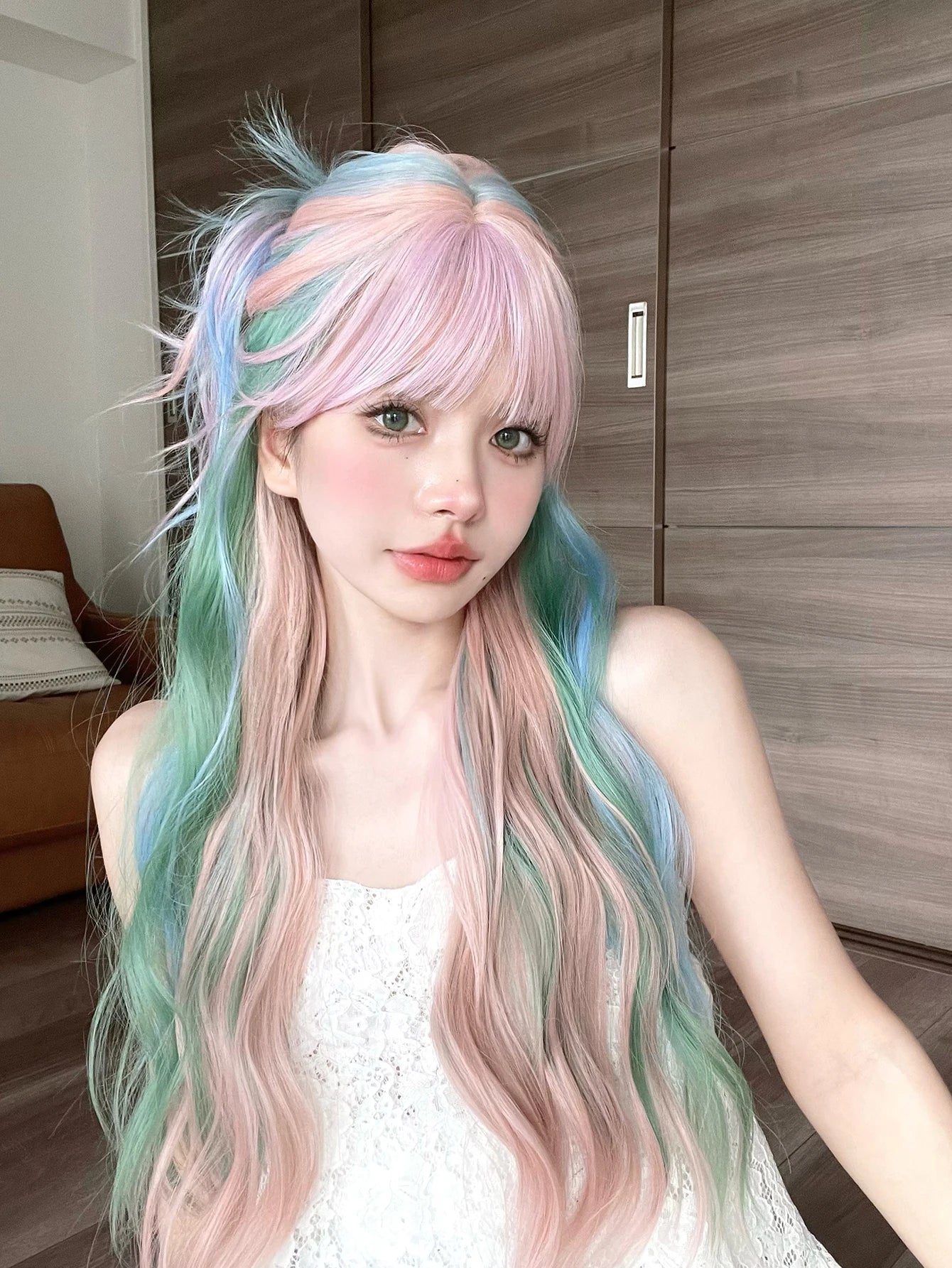 Ddbos 28Inch Iridescent Rainbow Color Multicolour Synthetic Wigs with Bang Long Natural Wavy Hair Wig for Women Cosplay Heat Resistant