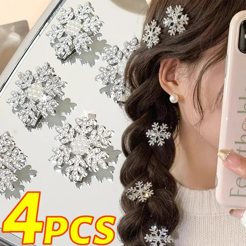 Ddbos Snowflake BB Hair Clips Rhinestone Pearl Sliver Metal Sparkling Diamond Women Sweet Cute Duck Bill Hair Accessories Headwear