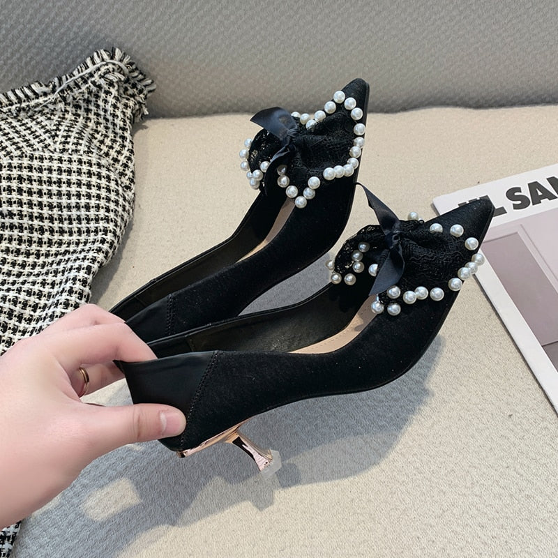 Ddbos Lace Bowknot Pumps for Women Summer Sexy Pointed Toe Thin High Heels Shoes Woman Fashion Pearls Wedding Party Shoes