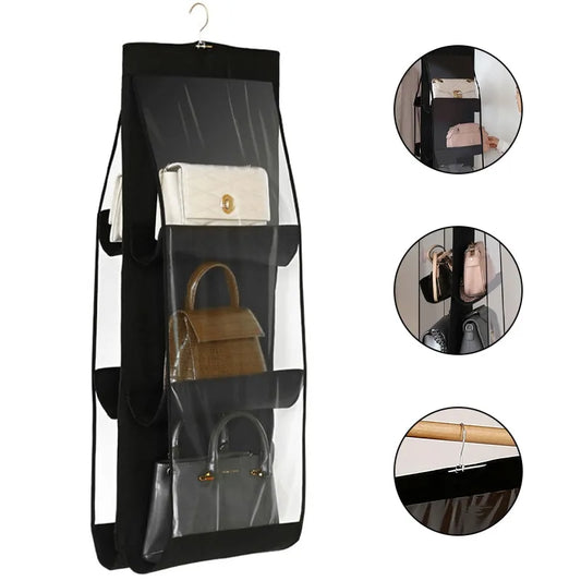 Ddbos Black Handbag Hanging Organizer With 6 Pockets Foldable Oxford Cloth Handbag Storage Bag For Family Closet Bedroom