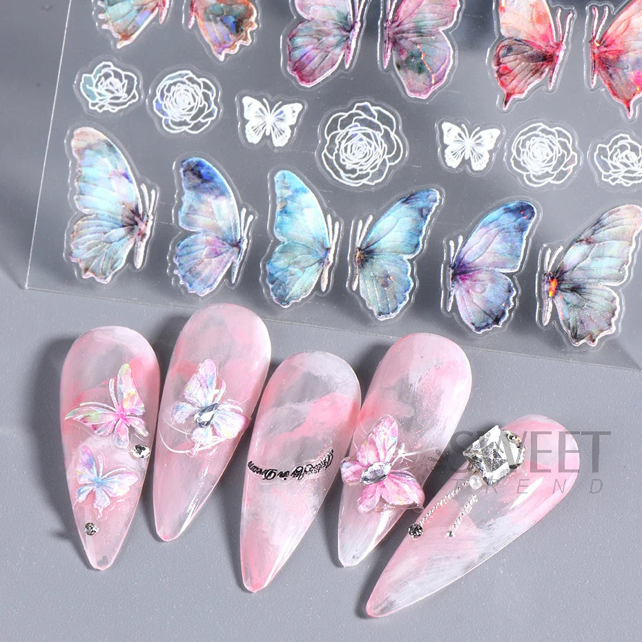Ddbos Acrylic Engraved Butterfly Nail Manicure Sticker Holographic Crystal Fairy Rose Flowers Adhesive Decals Charm Spring Foils Wraps