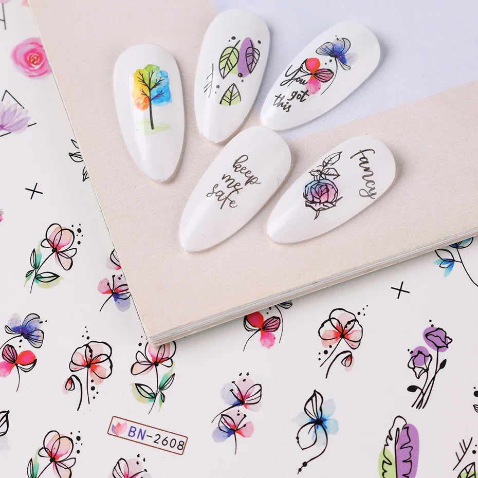 Ddbos 12 pcs Nail Sticker Set Summer Water Decal Nail Art Ink Flowers Leaves Graffiti Slider for Nail Decoration Foils Tattoo