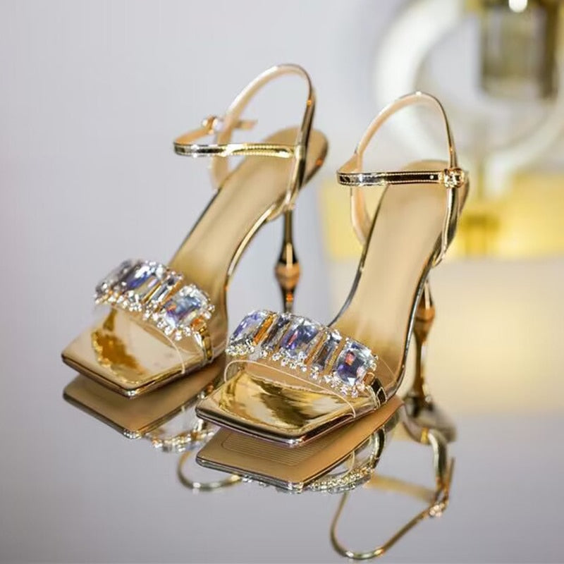 Ddbos Gold Silver High Heels Sandals Women Summer Square Toe Shiny Crystal Sandals Woman Ankle Straps Thin Heel Party Pumps Shoes