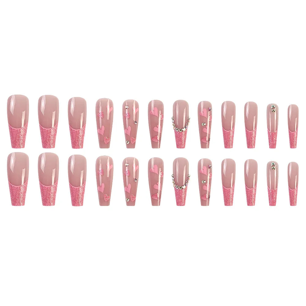 Ddbos 24 Pcs Glossy Long Ballerina Press On Nails Pink Glitter French Style Fake Nails With Rhinestone Artifical Reusable False Nails