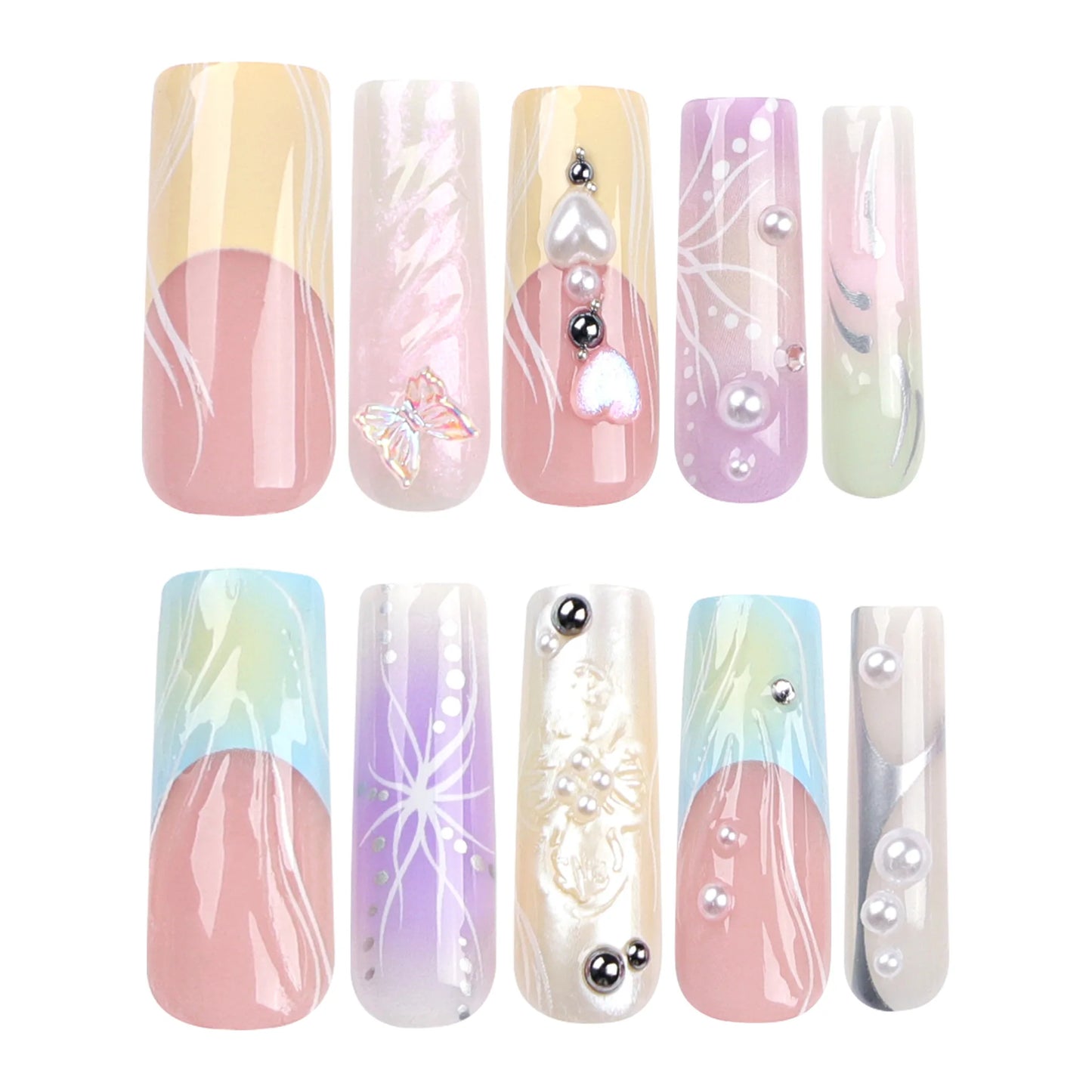 French 3D Colorful Wearable Fake Nail Patch Halo Dyed Y2K Butterfly Square Head False Nails 2024 New Ballet Coffin Press on Nail