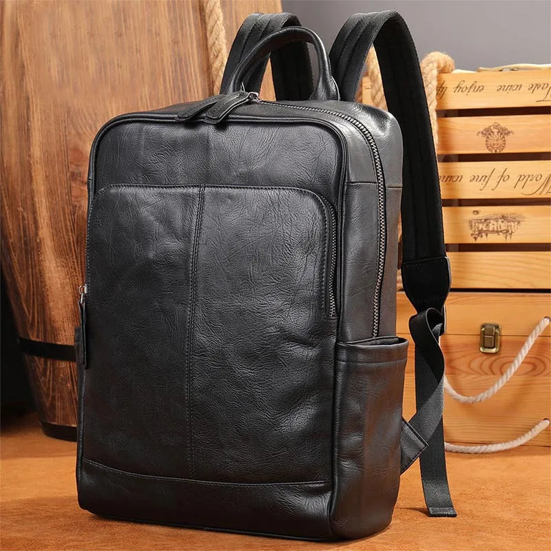 Genuine Leather Men Laptop Backpack Soft Cowhide 14 Inch Bagpack Travel Bag Women Leather Shoulder Bag School Bags Black