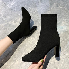 Ddbos Simple Fashion Stretch Socks Boots Women's High Heels Shoes Knit Socks Boots Skinny Women Pointed Autumn and Winter Bare Boots