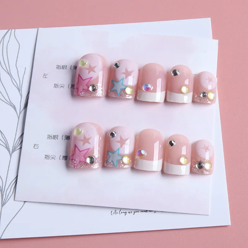 Ddbos Korean Sweet Girl False Nails y2k Pink Five-pointed Star Printed Fake Nails Short Cute White Edge Artificial Nail Patch 24pcs