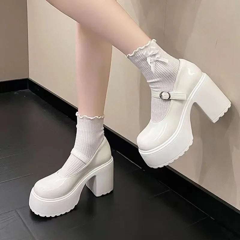 Ddbos Shoes Female Mary Janes Women's High Heels Platform Dress Pump Women Shallow Buckle Strap Round Toe Chunky Heel Shoes Women