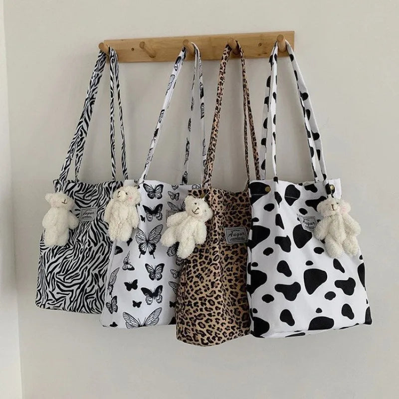 Ddbos BACK TO SCHOOL Korean Chic Big Casual Tote Bag Leopard Shoulder Bag Ladies Canvas Bag New Shopping Bag Student Print Handbag Bolsa Mujer