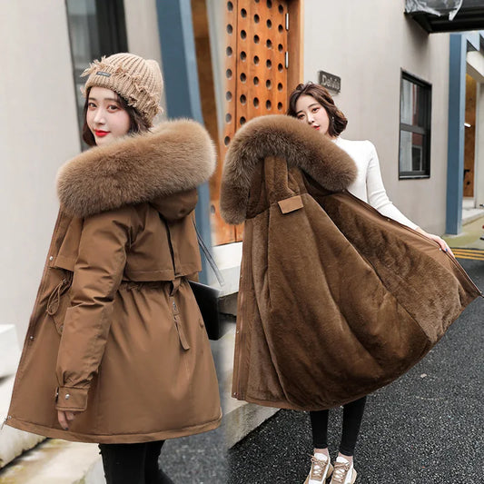 Ddbos Women Parka Fashion Long Coat Wool Liner Hooded Parkas New Winter Jacket Slim with Fur Collar Warm Snow Wear Padded Clothes