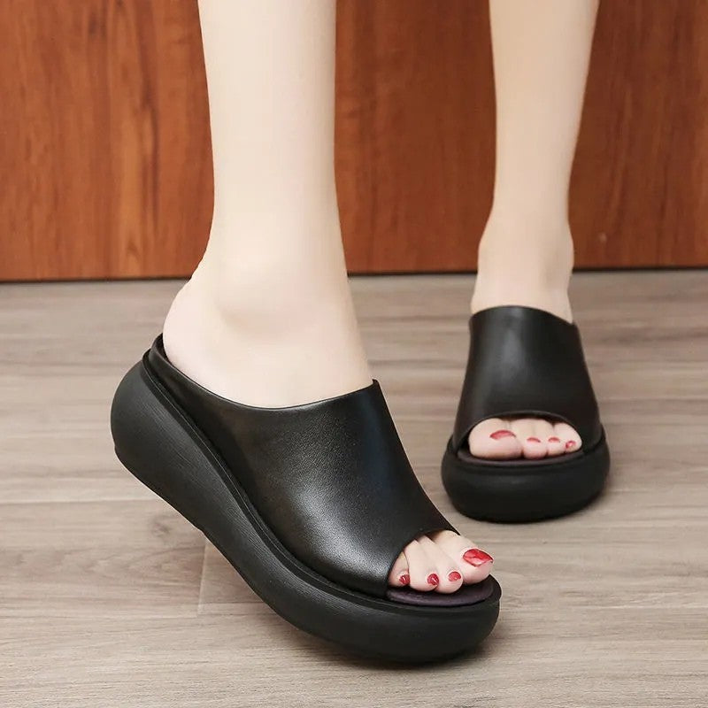 Ddbos Women Sandals 7.5cm Platform Wedges Women's Shoes Thick Heel Open Peep Toe Sandals Leather Summer Style Slide Black Shoes