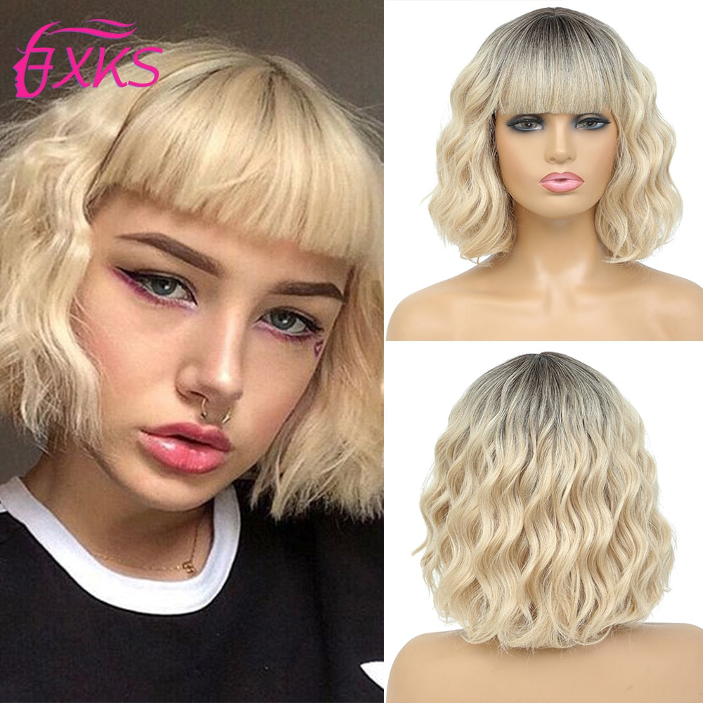 Ddbos Blonde Gold Short Wavy Synthetic Wigs With Bangs Brown Grey Silver Black Color Body Wave Hair Wigs 14Inch 200G For Women FXKS