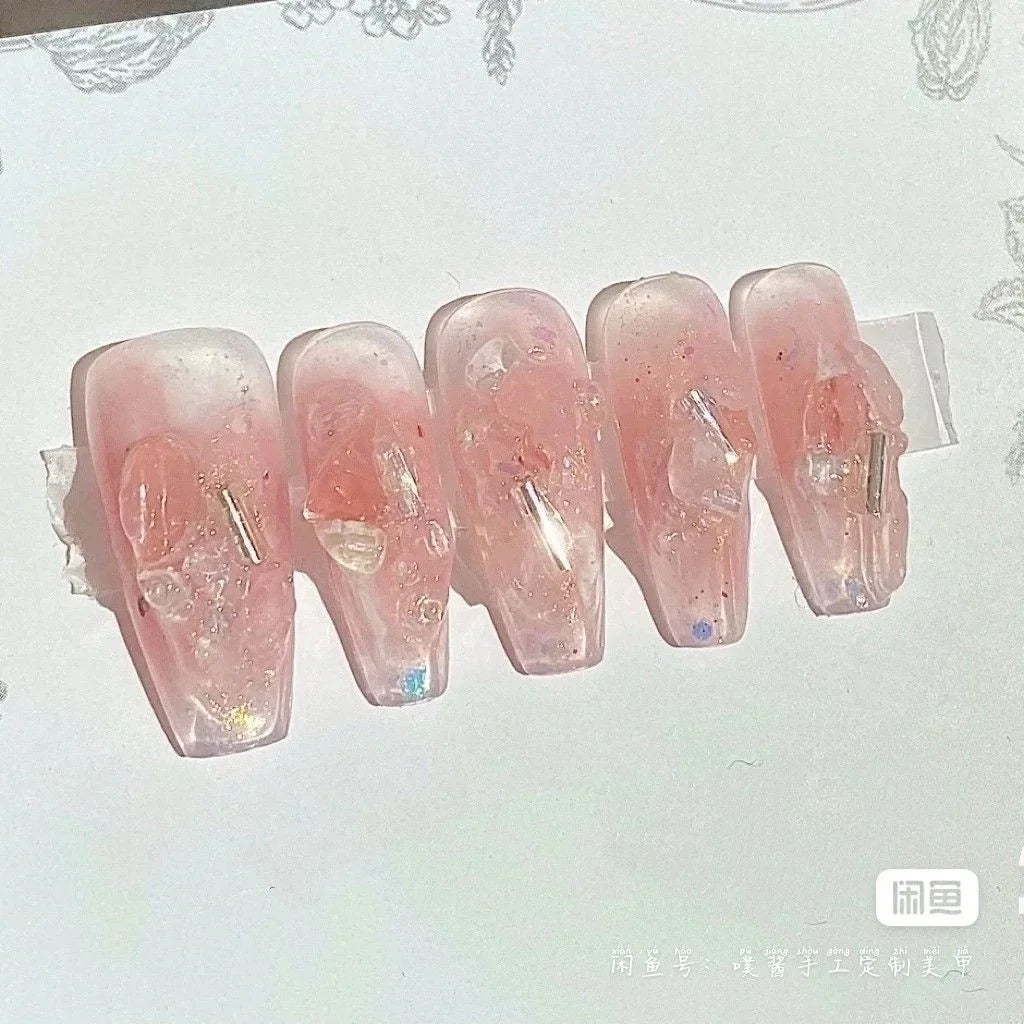 Pink Transparent Wear Nail Strawberry Crystal Nail Sweet Pink Fake Nails Nail Patch Handmade Nails