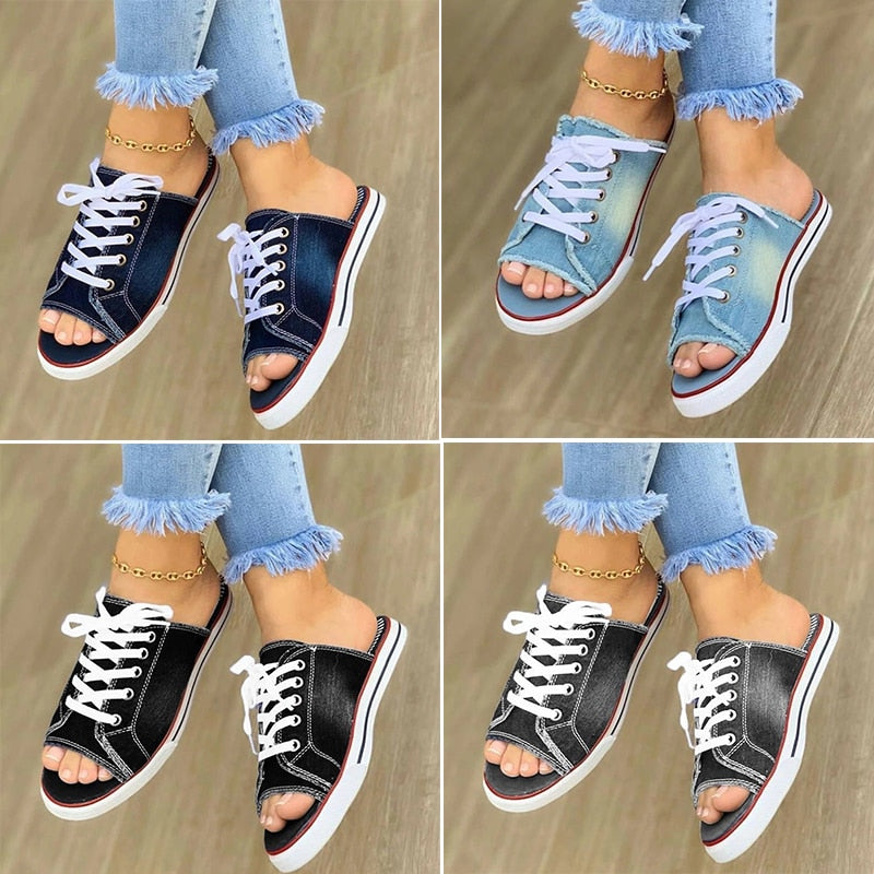 Ddbos Fashion Canvas Slippers Lace Up Open Teen Dames Faux Denim  Luxury Sandals Women Designers  Womens Shoes