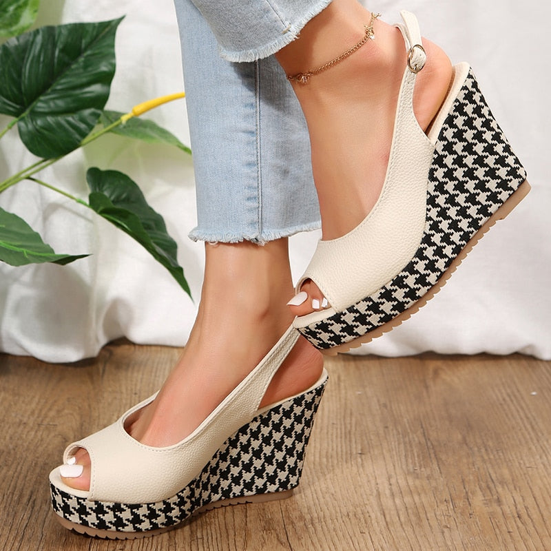 Ddbos Summer Peep Toe Wedges Sandals Women Pu Leather Chunky Platform Sandals Woman Plus Size 42 Slingback Heeled Gladiator Shoes