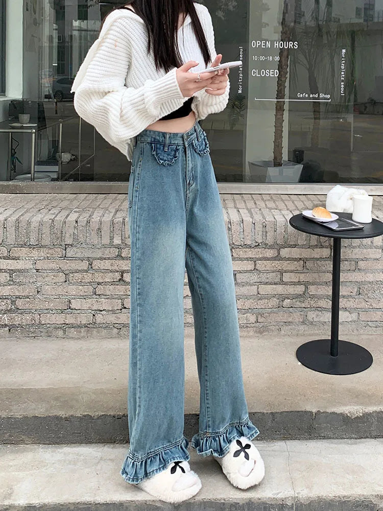 Ddbos Fashion Ruffle Jeans Women Wide Leg Pants Jeans Retro Chic Korean Version of High-waisted Jeans Kawaii Y2K Straight Pants